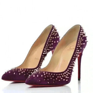 CHRISTIAN LOUBOUTIN Suede Velour Studded Spike Pumps 36 6 100 High Heels Merlot